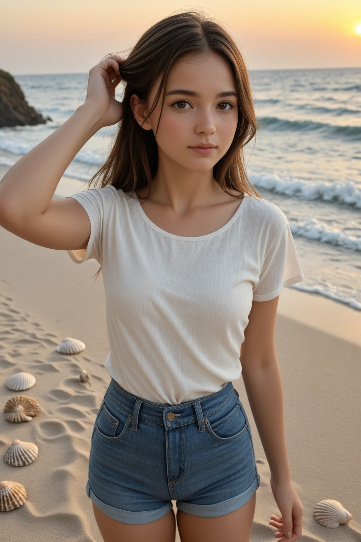 17-year-old blonde woman in a loose white shirt and denim shorts on the beach in a beautiful sunset