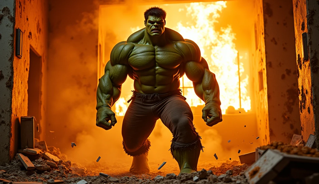 hulk, superhero, upper body shot, muscles bulging, streets, day, debris flying in the background, dramatic lighting, intricate details, masterpiece, absurdres, best quality, realistic, Highest Quality, (diffused soft light), dramatic lighting, highly detailed photo <lora:hulk-000020:0.7>