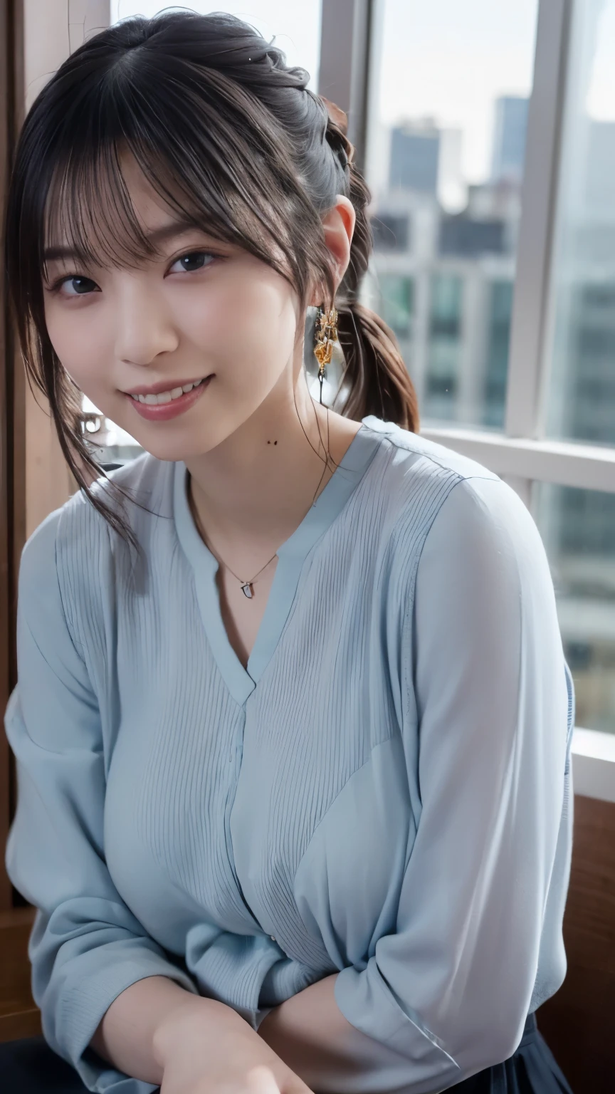 1 Japanese beauty , depth off field, first-person view, f/1.8, 135mm, Nikon, ultra high definition, retina, masterpiece, accurate, anatomically correct, textured skin,Very white skin、 clear skin 、 Super Detail, high detail, high quality, Best Quality, high definition, 1080P, high definition, 8k, (big boob:1.4),Japanese beauty 1 person,((((A glamorous woman with striking dark eyeshadow in rich plum shades, high-contrast studio lighting creating a moody effect))))、 (she has heterochromia, and her eyes are different colors, which makes her incredibly captivating)、(Drunken Blush Makeup)、round face、She is smiling very happily、she is smiling with squinty eyes、INSANELY BEST SMILE、she is smiling with her mouth open、Her front teeth are neatly arranged、(she has cute little vampire fangs)、(Braided Top Knot,twisted side part ponytail、Braided Headband,half up、Braided Space Bang,voluminous fishtail braid,Twisty Bang)、(She is wearing a Collared blouse with v-neck(pale blue:1.5))、break、(She's wearing a see-through panties)、She is in an IT firm's office at sunset、break,She is sitting in a window seat、I can see a skyscraper city out the window