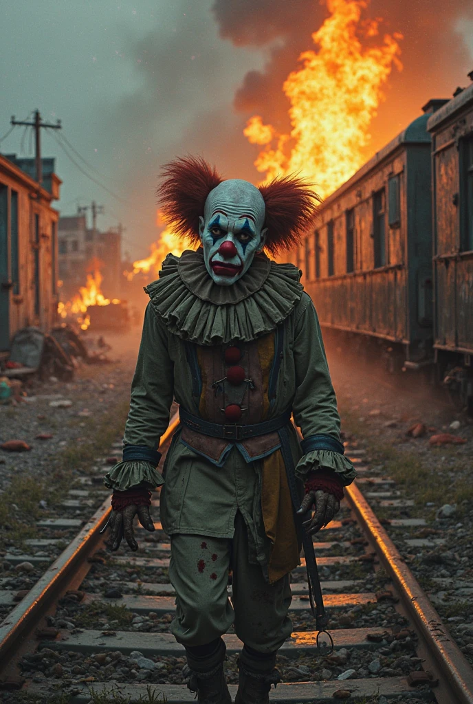 Closeup photo of a sad old clown in a destroyed city after a nuclearblast on the horizon, smoke, destruction fire, natural light, he is making a balloon animal with long clown stretchy baloons