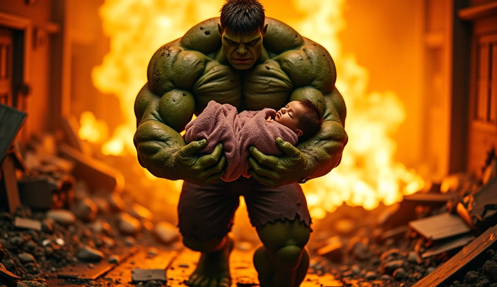 Super hero Hulk, old, skinny and sick, in the desert with a baby in his arms