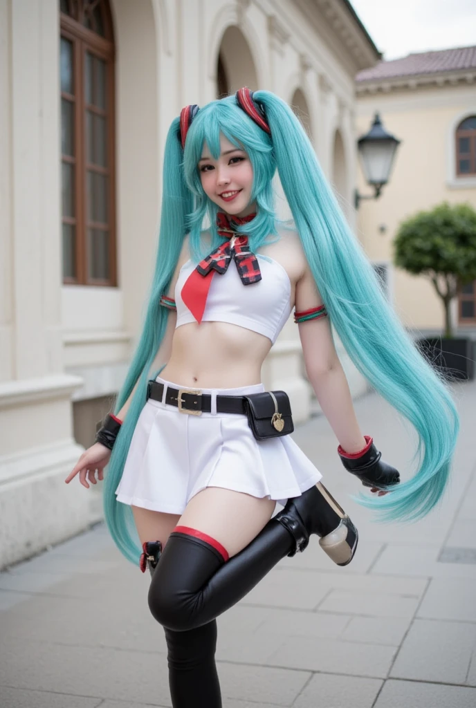 <lora:miku_bunny:1>, bunny_leotard, hatsune miku, best quality, masterpiece, illustration, realistic, photo-realistic, amazing, finely detail, incredibly absurdres, huge filesize, ultra-detailed, highres, extremely detailed CG unity 8k wallpaper, nsfw, A beautiful young woman with Korean-style facial features resembling a popular actress, with long blue twintails, wearing a white playboy bunny costume with white sailor collar and short blue necktie, white wrist cuffs, and blue highleg leotard top with low-cut fur-trimmed sweetheart neckline ending above midriff, sheer white pantyhose, standing outdoors surrounded by a profusion of falling cherry blossom petals, realistic style.