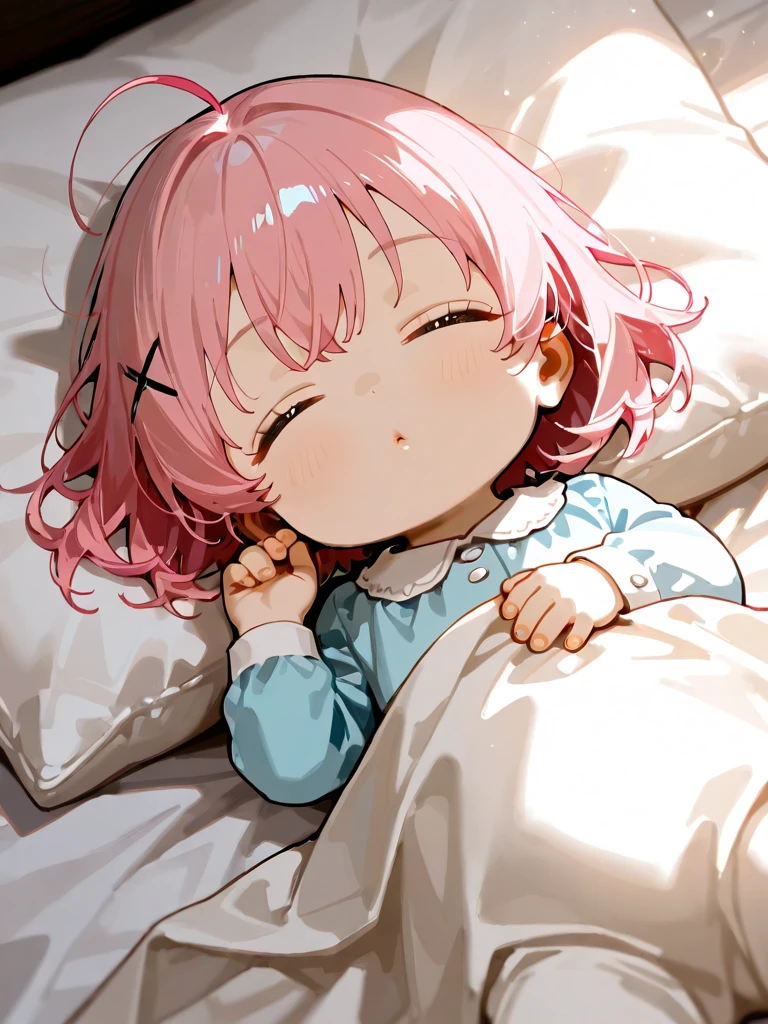 Girl about 、Kindergarteners、、、One girl、White futon、White blanket、Pink Hair、Close your eyes、sleep、Deep sleep、Braid、Pink pajamas、Short sleeve、Short trousers、Thin thighs