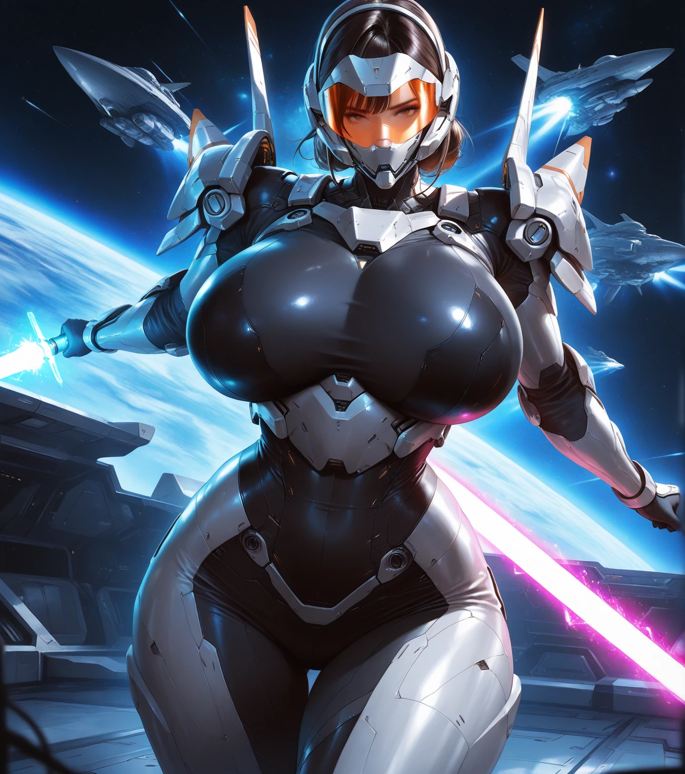 rough skin, Super detailed, advanced details, high quality, 最high quality, High resolution, 1080P, hard disk, beautiful,(cyborg),(Missiles from the chest),(machine gun from both hands),beautifulcyborgの女性,メカcyborg少女,battle mode,Mecha body girl,彼女は武器を持ったバトルcyborgメカを身に着けています,full body armored、Chest armor、full body shot、luscious lips, (smoky eye makeup:0.85), (big and full breasts:1.5)、,Generous smile