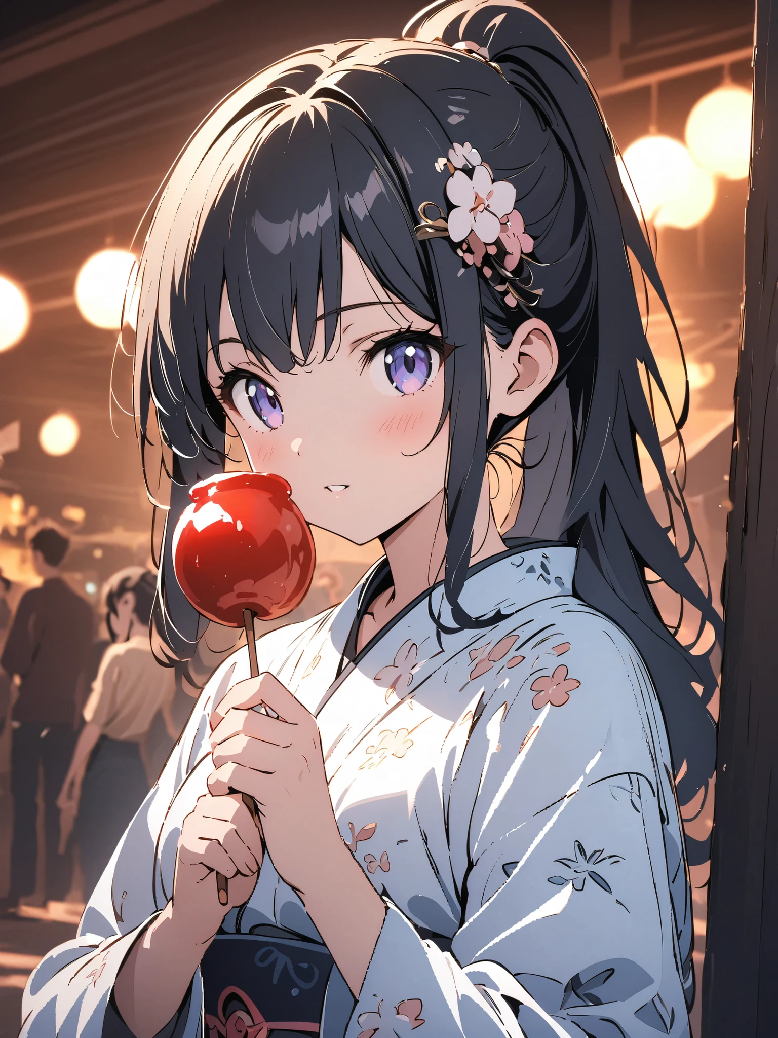 (masterpiece:1.2),(anime),、girl、cute、black hair、Ponytail、hair ornament、girl wearing a yukata、((holds a candy apple in his hand)),Nightclub、festival、Summer Night 、Light Productions、 Beautiful Artwork 、 detailed map、Scenes of youth、I'm running out of strength、close-up, digital animationアート, digital animation