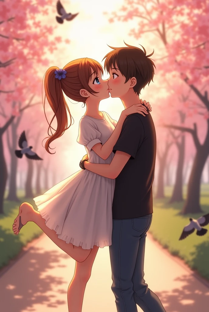One girl, she is kiss with boy
