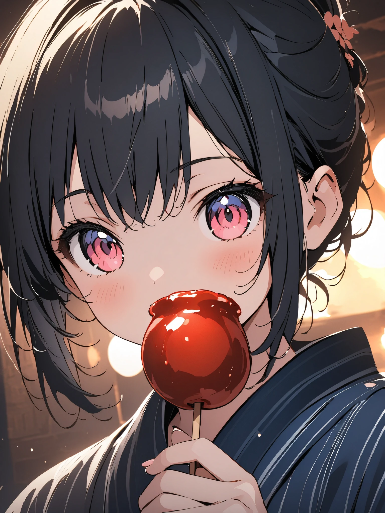 (masterpiece:1.2),(anime),、girl、cute、black hair、Ponytail、hair ornament、girl wearing a yukata、((holds a candy apple in his hand)),Nightclub、festival、Summer Night 、Light Productions、 Beautiful Artwork 、 detailed map、Scenes of youth、I'm running out of strength、close-up, digital animationアート, digital animation