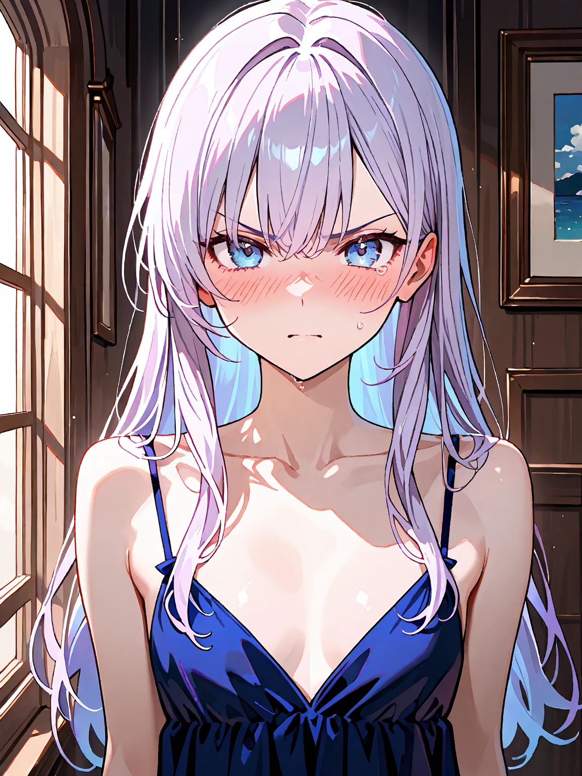 Yukino, in bed, silver hair and blue eyes, short hair, black shirt and no bra, anime visual of a cute girl, screenshot from the anime film, & her expression is solemn, in the anime film, in an anime, anime visual of a young woman, she has a cute expressive face, still from anime, big breast, red cheek, lustful face, fair skin