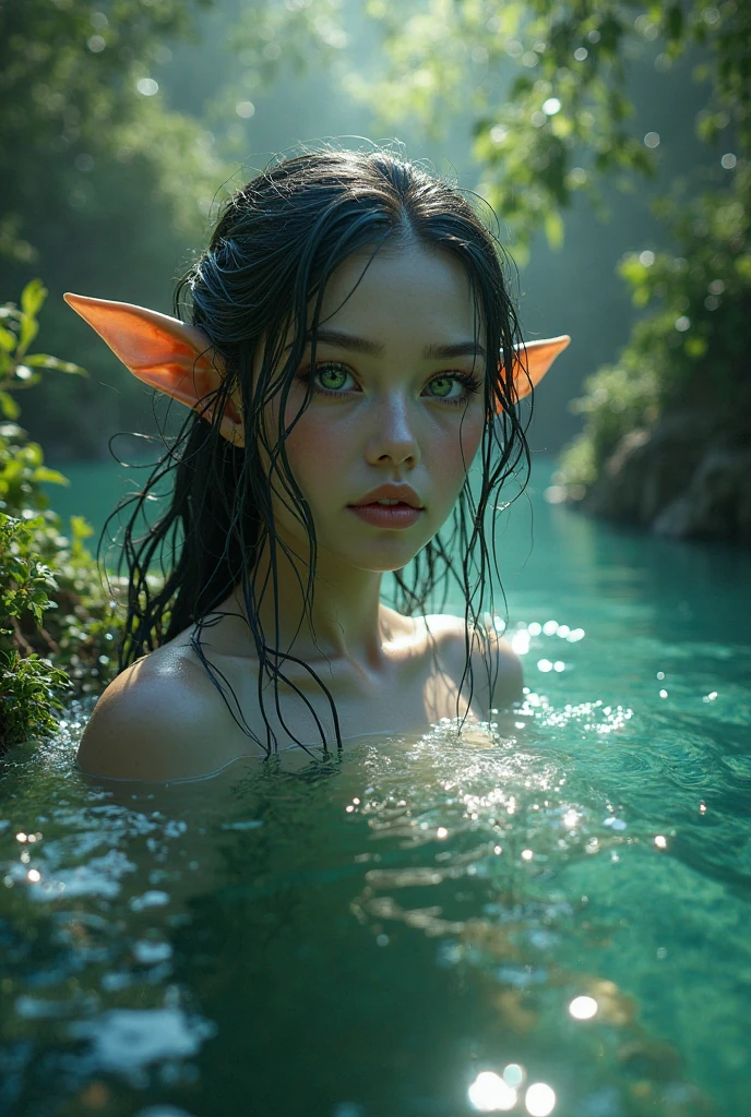 female elf,Large breasts,Drenched hair,The background is a hot spring,Lazy expression