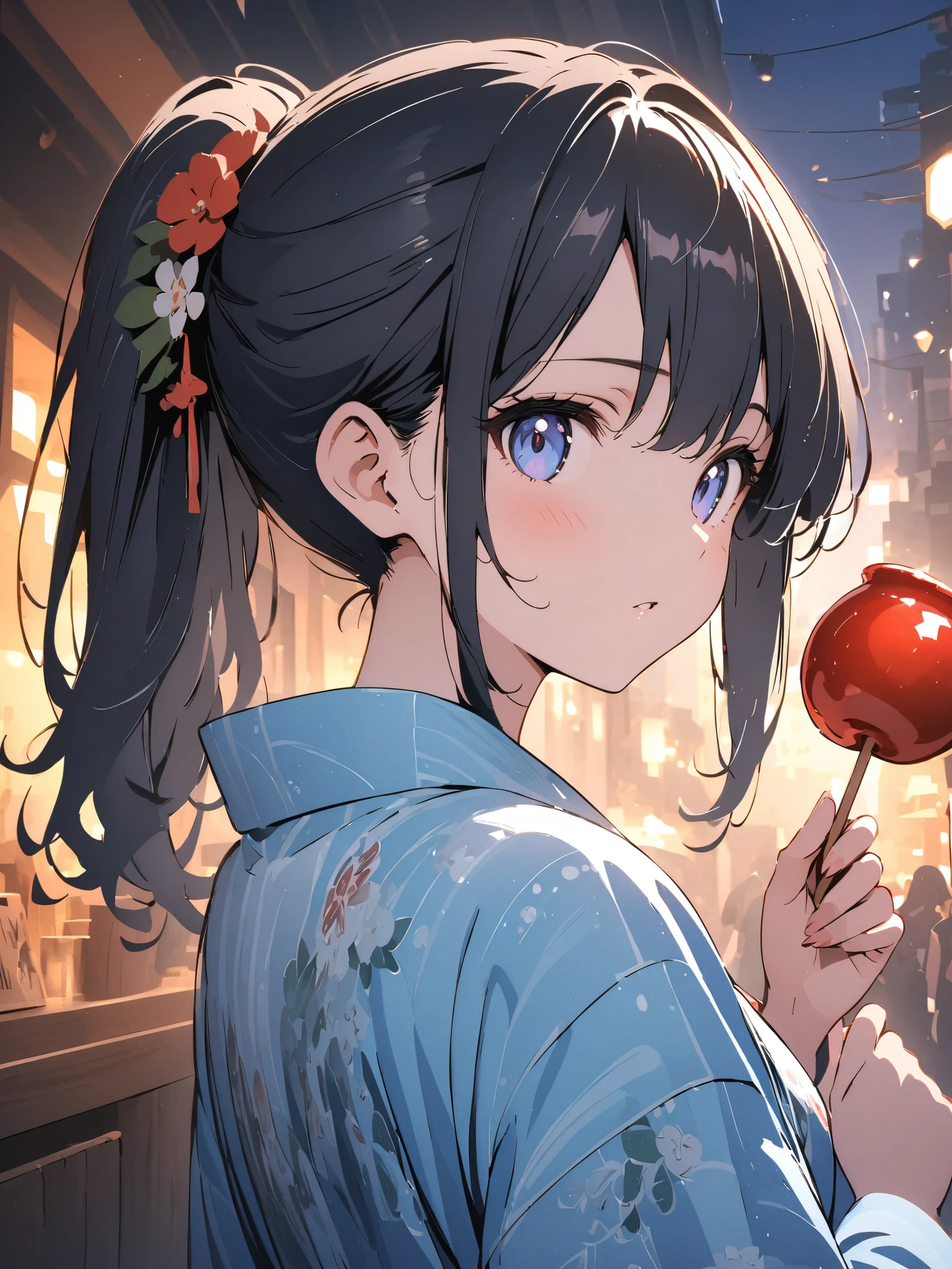 (masterpiece:1.2),(anime),、girl、cute、black hair、Ponytail、hair ornament、girl wearing a yukata、((holds a candy apple in his hand)),Nightclub、festival、Summer Night 、Light Productions、 Beautiful Artwork 、 detailed map、Scenes of youth、I'm running out of strength、close-up, digital animationアート, digital animation