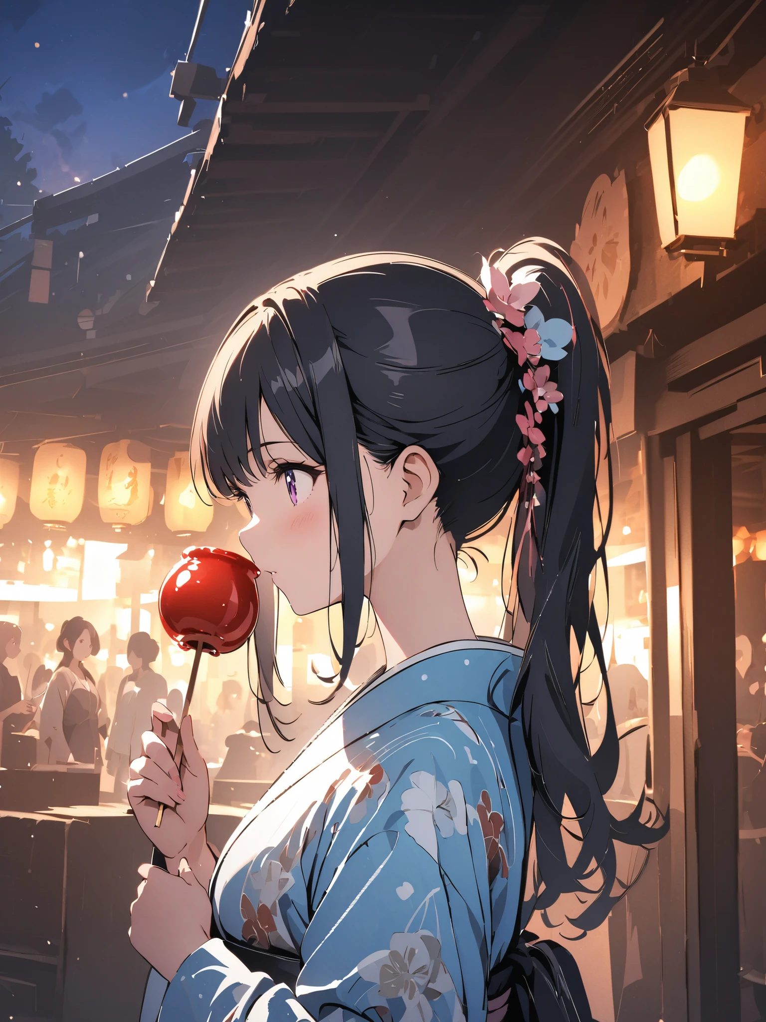 (masterpiece:1.2),(anime),、girl、cute、black hair、Ponytail、hair ornament、girl wearing a yukata、((holds a candy apple in his hand)),Nightclub、festival、Summer Night 、Light Productions、 Beautiful Artwork 、 detailed map、Scenes of youth、I'm running out of strength、close-up, digital animationアート, digital animation