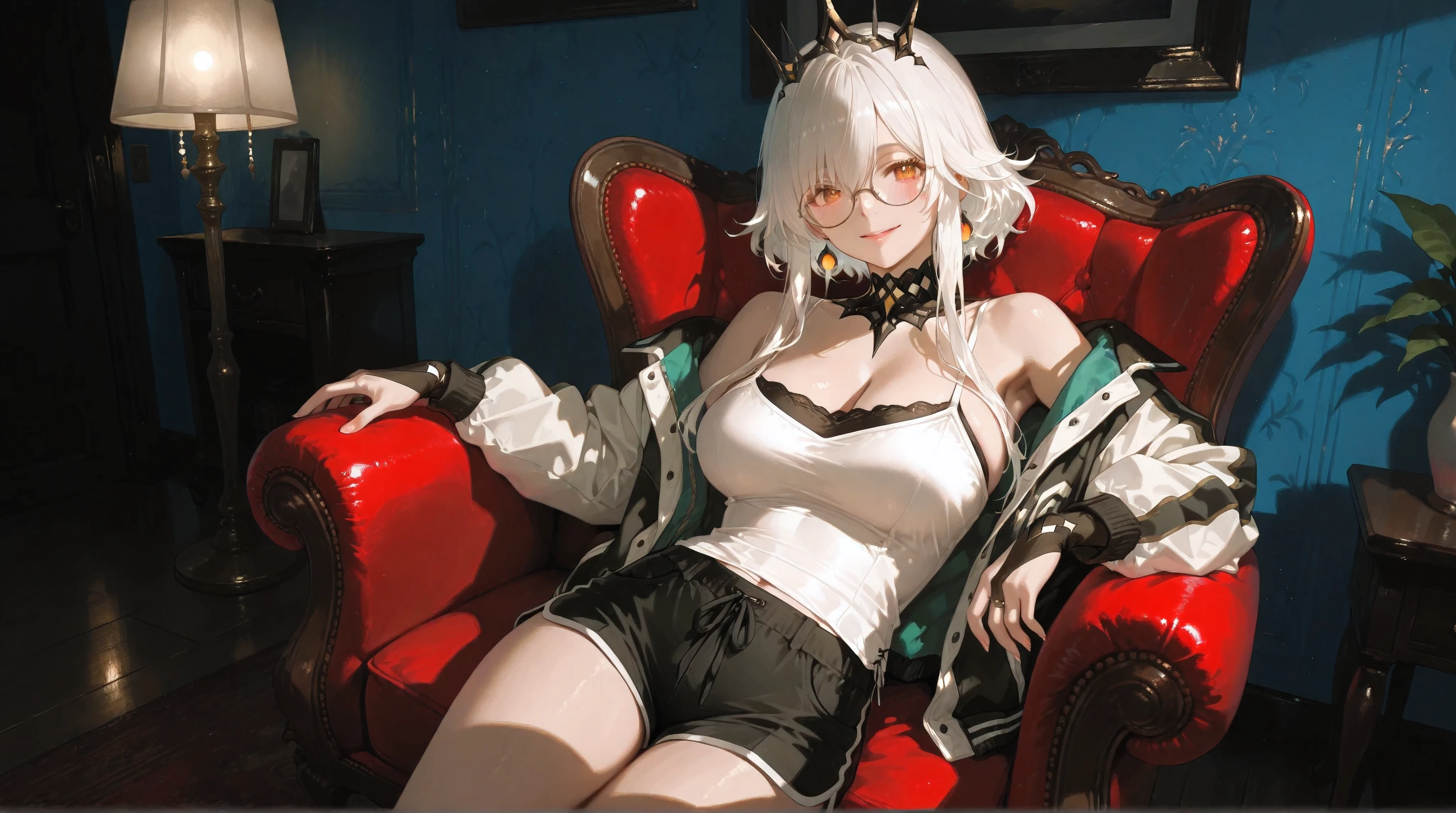 (((Nier Automata))), (((2b)), sitting on a luxurious red sofa, High resolution, (((Silver Hair))), (((Beautiful Face))), (((Green adult sexy bra and panties))),