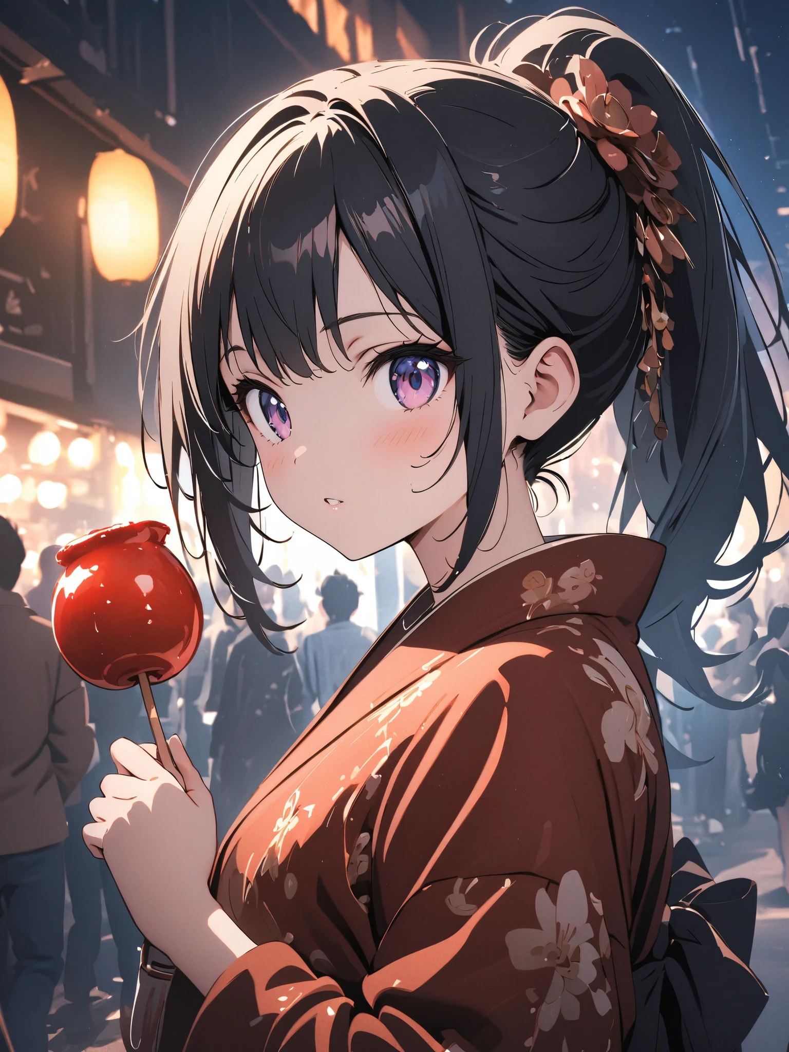 (masterpiece:1.2),(anime),、girl、cute、black hair、Ponytail、hair ornament、girl wearing a yukata、((holds a candy apple in his hand)),Nightclub、festival、Summer Night 、Light Productions、 Beautiful Artwork 、 detailed map、Scenes of youth、I'm running out of strength、close-up, digital animationアート, digital animation, full body