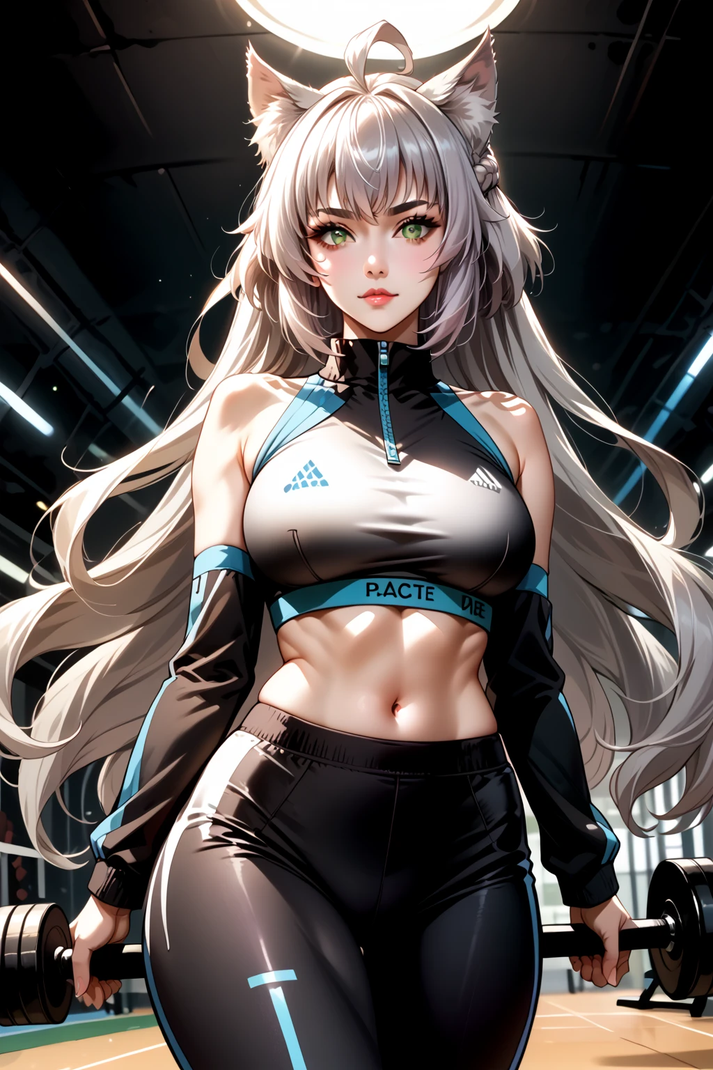 Beautiful girl in black going to high-school detailed muscles realistic masterpieces full figure pose (best quality,ultra-detailed), white-haired girl, vibrant blue eyes, high ponytail, fair skin, fit body, slim figure, narrow waist, large buttocks, (confident expression), black long skirt and tights, thighgap, high school background on Earth