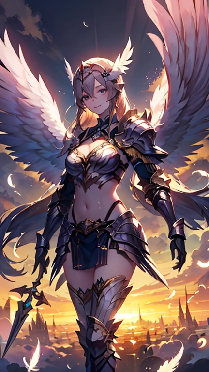 redhead girl, skin scars, viking, viking,Unusually strong RPG art style, fantasy art style、((masterpiece)), highest quality, absurd, Super detailed, 8K, blonde angel, Valkyrie, golden armor, cleavage, large white wings, curly hair, Long spear, smile, heaven, cloud