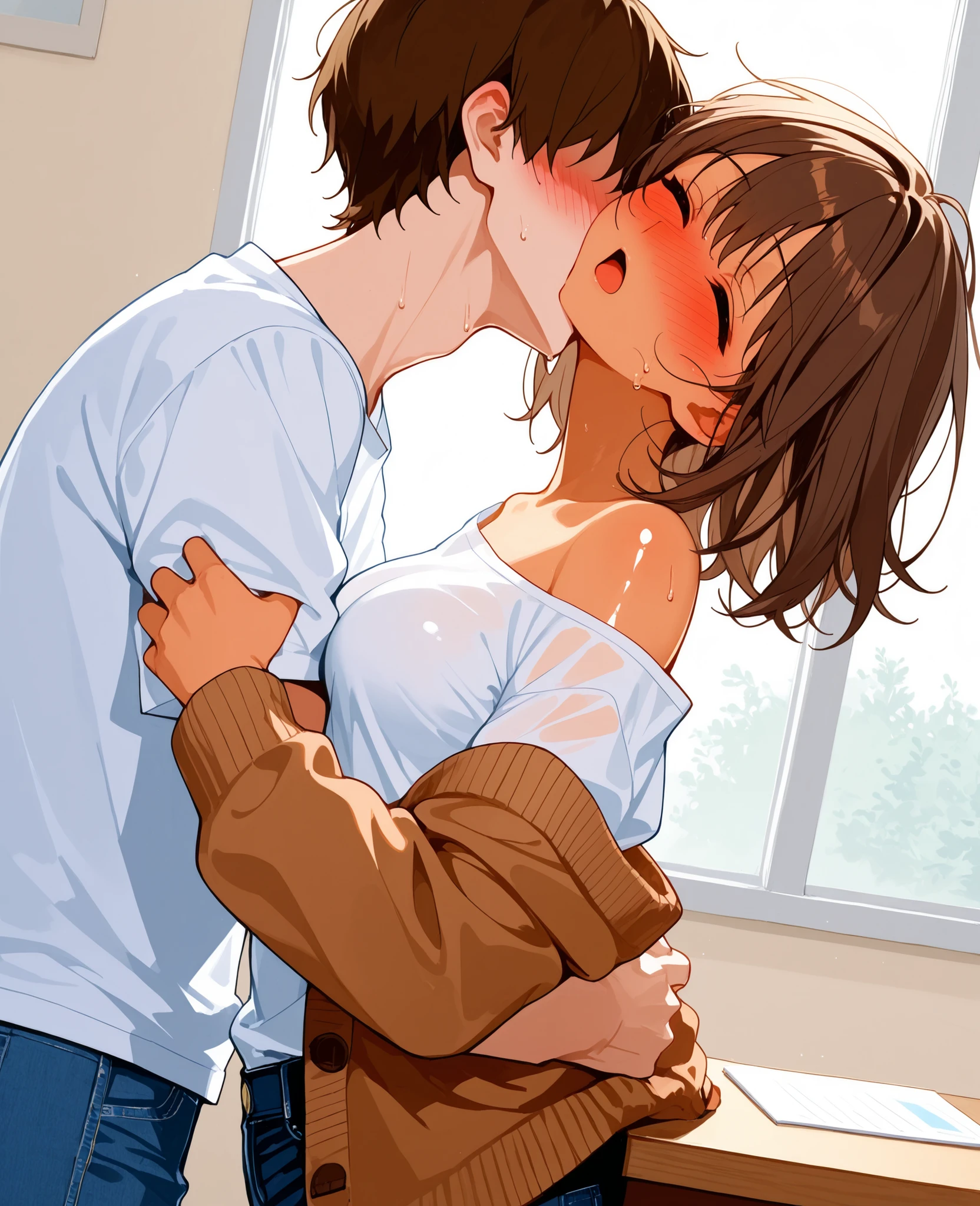 score_9, score_8_up, score_7_up, 1woman, solo, hair, closed eyes, white milky porcelain skin, white-skinned female, shoulder length brown hair, lovely medium breasts, perfect body, white t shirt, brown cardigan, messy clothes, exposed shoulder, jeans, sweat, female organism, open mouth, looking at viewer, head tilt, nose blush, blush, indoor, bedroom, day time, shiny skin, against desk, standing , upper body, 1girl, 1boy (faceless, face on girl's face,
intense kiss, deep kiss, kiss ), hug. Dutch angle.