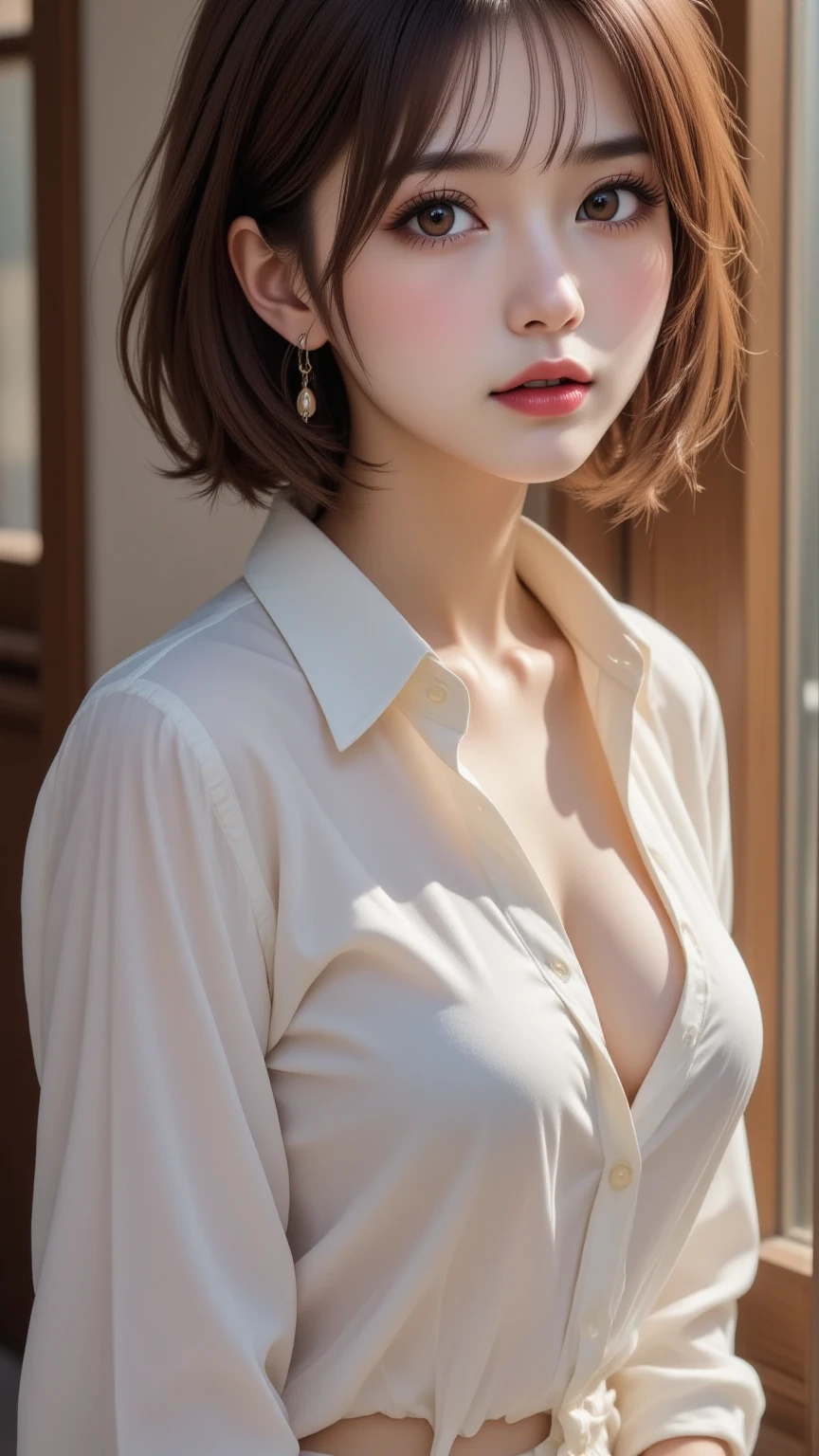 ((top-quality、8k、masterpiece:1.3))、foco nítido:1.2、A Japanese Lady、22year old、Beautiful、Beautiful woman with perfect body:1.4、Beautiful limbs、slim abdomen:1.2、((Layered Haircut、huge tit:1.2))、(Thin, damp buttons up to shirt length:1.1)、(White shirt wet by rain)、(Sateen、a street:1.2)、Wet body:1.1、Highly detailed facial and skin texture、 A detailed eye、二重まぶた、skin tanned、A sexy、sun burn、In love and sorrow、Gravure photography、