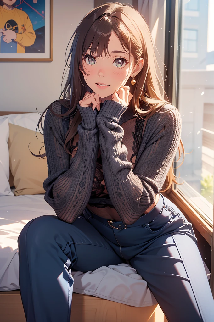 femele，（（Brown hair long）），Wear intricate hair accessories on your head，She wears a short skirt，（（white stockings））The short skirt shows off her slender legs just right，Upper half body wearing a sweater，The sweater has a unique collar design，She lay leisurely on the sofa，She was lying on a large pillow，Her smile was sweet，Delicate portrayal of facial features，The nose is delicate and straight，Ruddy lips，The hand is beautifully carved，（（Place your hands behind your back）），Soft skin，The overall color tone is black、rot、Blue is predominant，tmasterpiece,（best qualtiy，tmasterpiece：1.3）