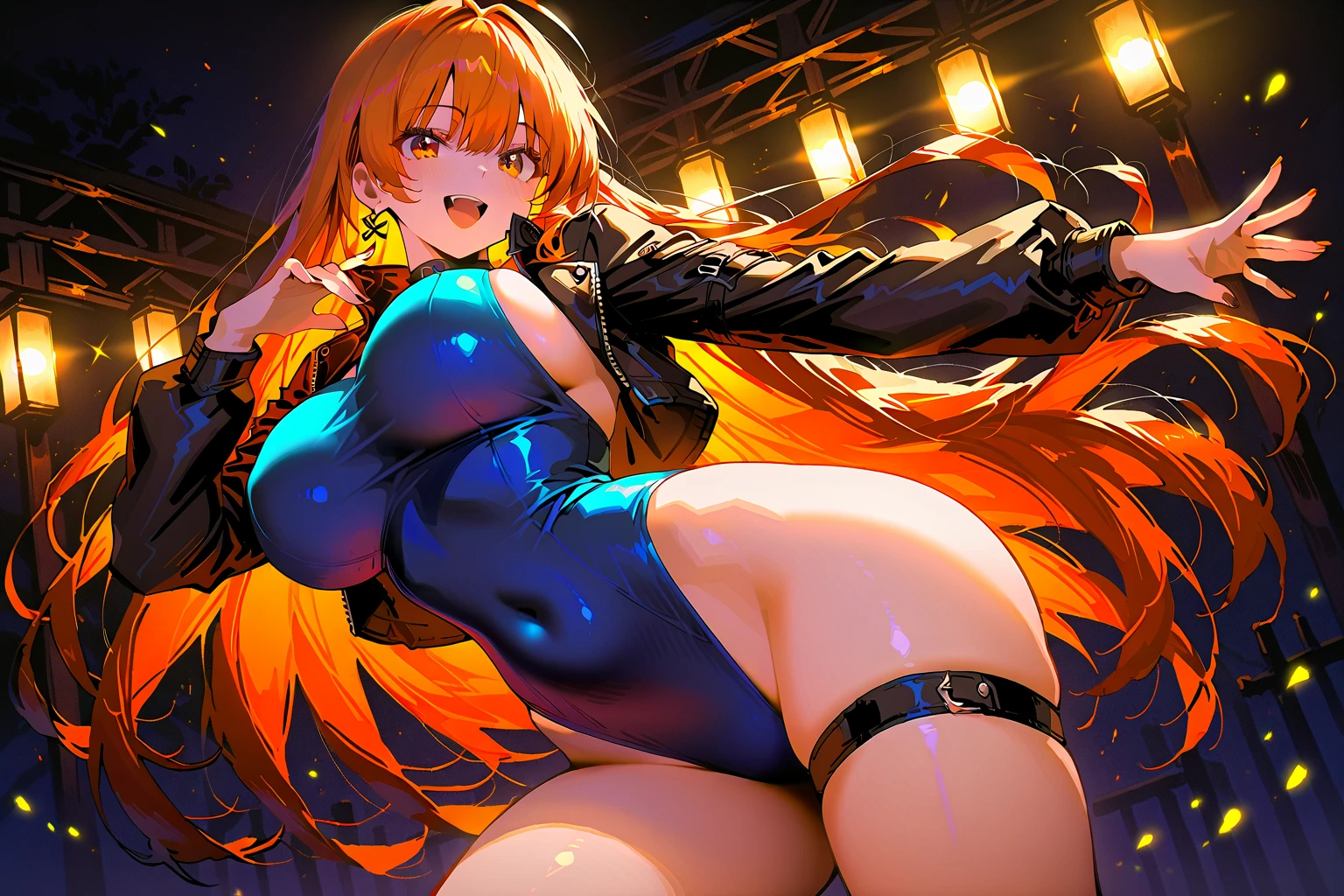 Woman, Orange Hair, Long Hair, Large Breasts, Black MiniDress, ((Orange Panties)), Standing on Stage, (POV: Low Angle, Upskirt), Cameltoe