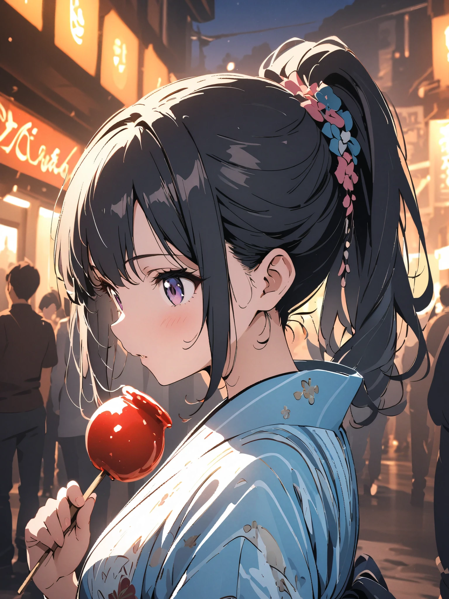 (masterpiece:1.2),(anime),、girl、cute、black hair、Ponytail、hair ornament、girl wearing a yukata、((holds a candy apple in his hand)),Nightclub、festival、Summer Night 、Light Productions、 Beautiful Artwork 、 detailed map、Scenes of youth、I'm running out of strength、close-up, digital animationアート, digital animation