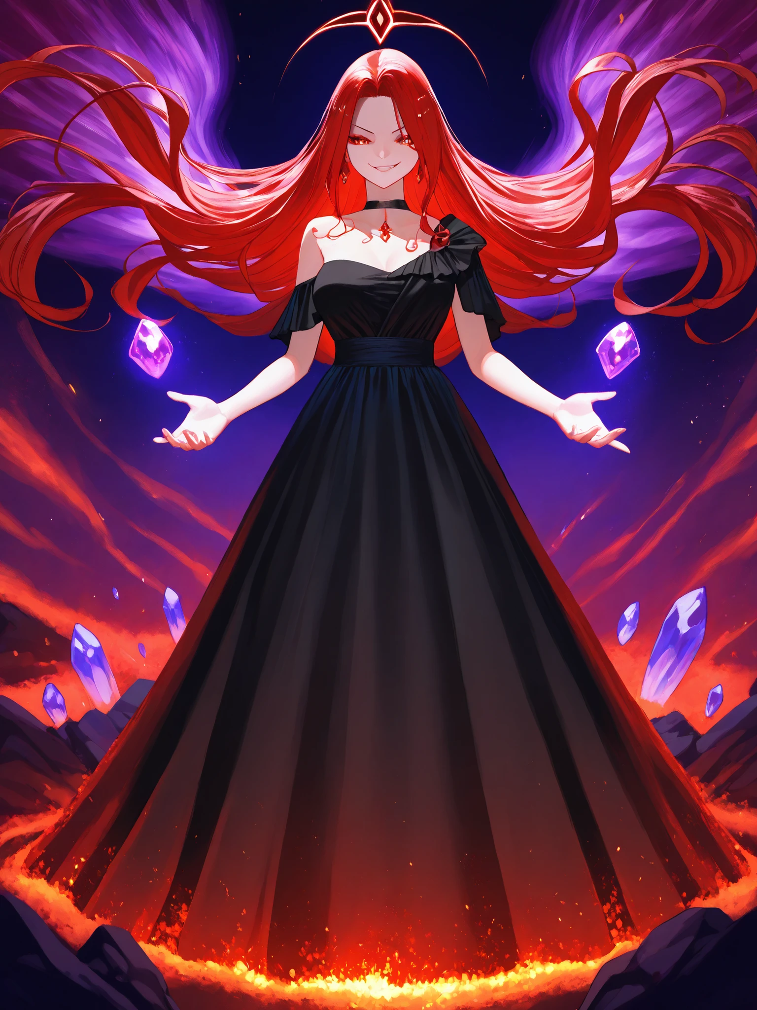 A charismatic, dangerous-looking goddess with long crimson hair and golden, catlike eyes. She wears a one-shoulder black dress that fades into red embers at the bottom. She stands in a cosmic, magical void surrounded by floating purple crystals and swirling blue magical energy emanating from her hand. Her smirk suggests control, power, and dark amusement."