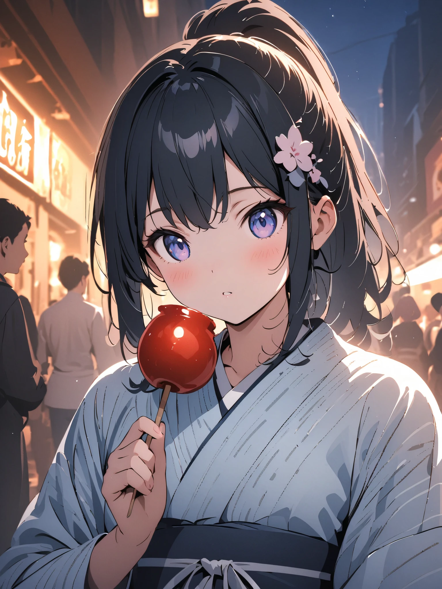 (masterpiece:1.2),(anime),、girl、cute、black hair、Ponytail、hair ornament、girl wearing a yukata、((holds a candy apple in his hand)),Nightclub、festival、Summer Night 、Light Productions、 Beautiful Artwork 、 detailed map、Scenes of youth、I'm running out of strength、close-up, digital animationアート, digital animation, full body