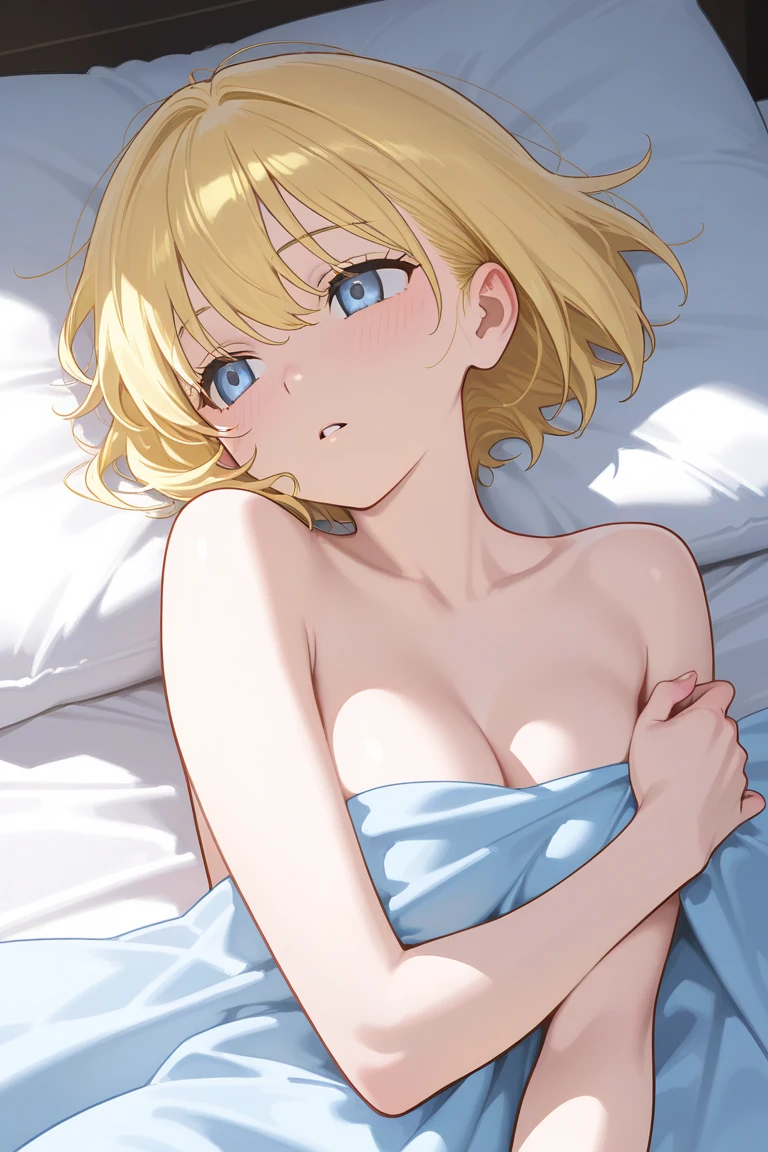 blonde, short hair, girl1, sleep in bed, (White sheets), (White pillow),upper body, completely nude, (small nipples:1.2), (small areolas:1.2),
kawaii, cute, pale purple eyes, (open white shirt),