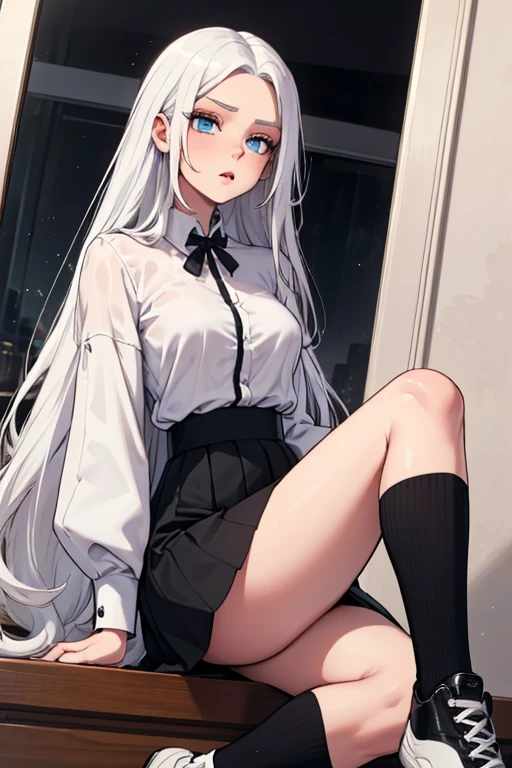 3D real woman with beautiful gray hair, sharp eyes, fierce, Korean style, wearing an unbuttoned shirt and pretty shorts, holding a rose in her mouth, sitting in a charming pose on a chair in the house, in front of the window.