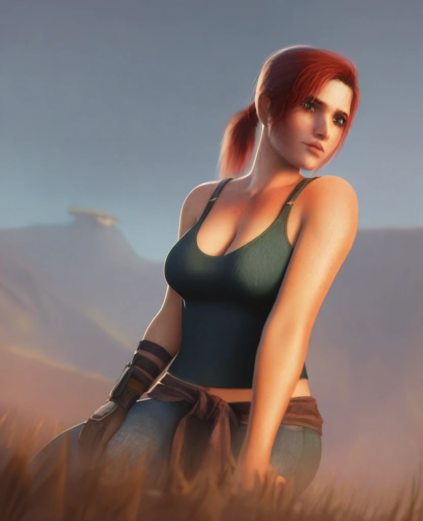 Red hair "REGINA", "DINO CRISIS GAME", quality, atlas, high resolution (4k, 8k), detailed portrait, beautiful and detailed face, delicate face, brown eyes, black makeup, red lipstick, Perfect Body, soft lighting, vivid colors, expression of anger.