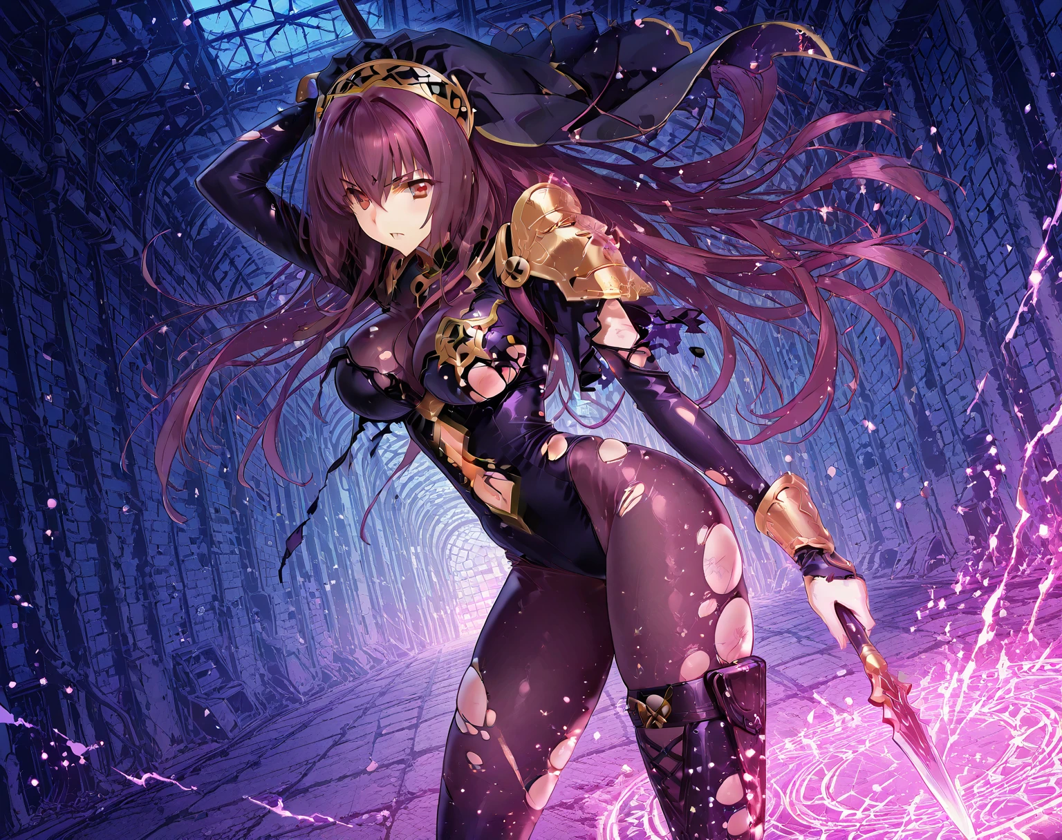 3人の, スコア_9, score_8_up, score_7_up, source_anime, 1人の女の子ascathach, long hair, purple hair, black veil, red eyes, large breasts, shoulder armor, gold armor, purple bodysuit, bodystocking, 大きい胸, (torn clothes:1.8), 乱れた髪, holding spear, red spear, ホームボルグ \(運命\), (赤面, 怒り) ,1girl,trule, (ブロンドの髪1:4)、緑の目、ポニーテール、フレンチブレイド、ティアラ、偽のウサギの耳、取り外し可能な襟、青いネクタイ、露出した肩、白いレオタード、胸の谷間、へそカットアウト、青いレギンス、網タイツ、太ももストラップ、手首カフス、羽根飾り、巨乳, 1girl, ソース_أنيمي, mashkyrielight, マッシュ・カイリー・ライト, 最高品質, 傑作, 1人の少女, アーマッシュ, 短い髪, 2階からピンクの髪, 片目にかかる髪, 紫の目, 素肌の肩, 黒いレオタード, 下着の下にレオタードを着ます, アーマードレス , ビーチでのノースリーブ, エルボーグローブ, 紫の手袋, へそ くぼみ , 太ももストラップ, 黒い太もも, 装甲ブーツ, 巨乳, 古着, sコア_9, sコア_8_アップ , sコア_7_アップ , とてもよく詳しい, Sアップer Detail, 公式アート, ダイナミックな戦闘ポーズ, 戦闘姿勢, dynamic angle, abandoned building, magic circle, caustics