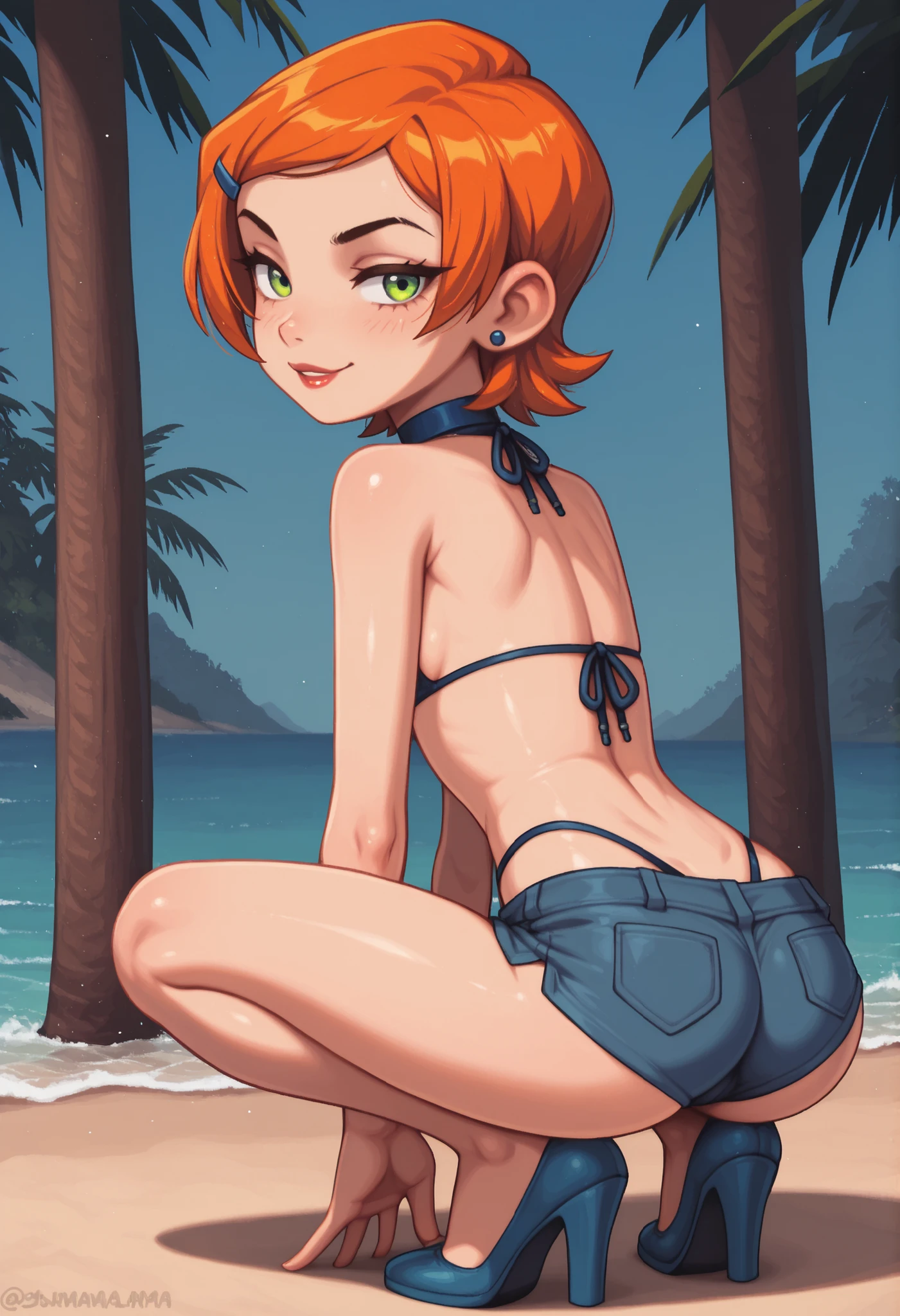 masterpiece, best quality, 1 girl, kinomoto sakura, antenna hair, brown hair, short hair, ponytail, green eyes, white tank top, pink panties, hands behind head, swimsuit, mouth closed, look of fear, solo, looking at viewer, sea, sand, blue sky, tropical island background, sticking her ass out, sexy position, leaning on table looking at viewer, solo, outdoors, blue sky, park background
