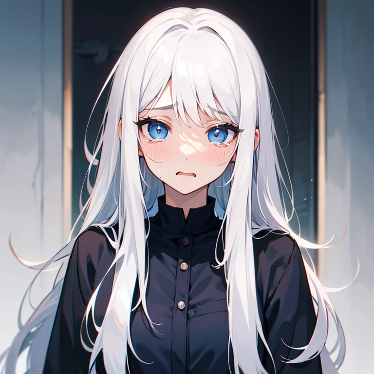 (masterpiece, best quality:1.4), 8k, closeup, Long Gray Hair, Dark Highlights, Messy hair, Young adult, Black Eyeliner, anime girl, Sad, Depressed, light Gray Eyes, big chest, Black Sweater, Blind (detailed eyes and face, sharp pupils, realistic pupils:0.6)