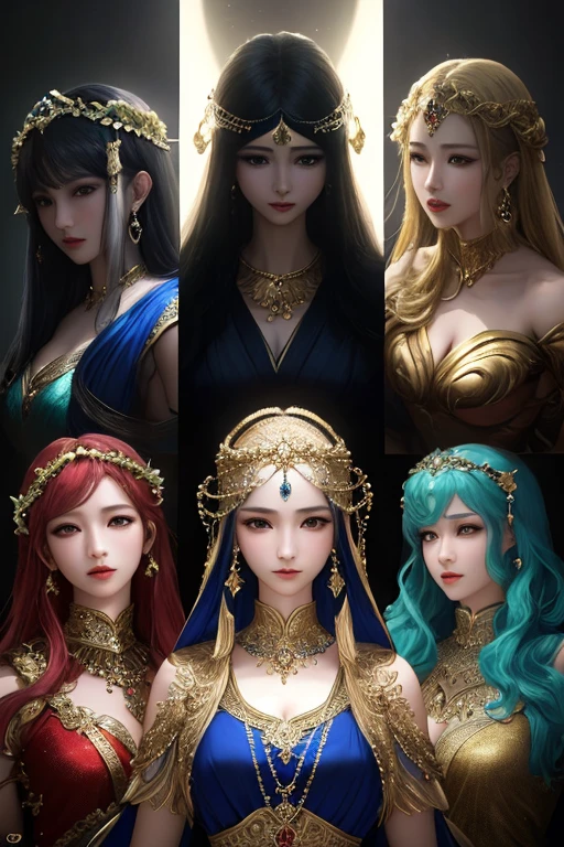 Gold Security Crest, Seven colored goddesses lined up