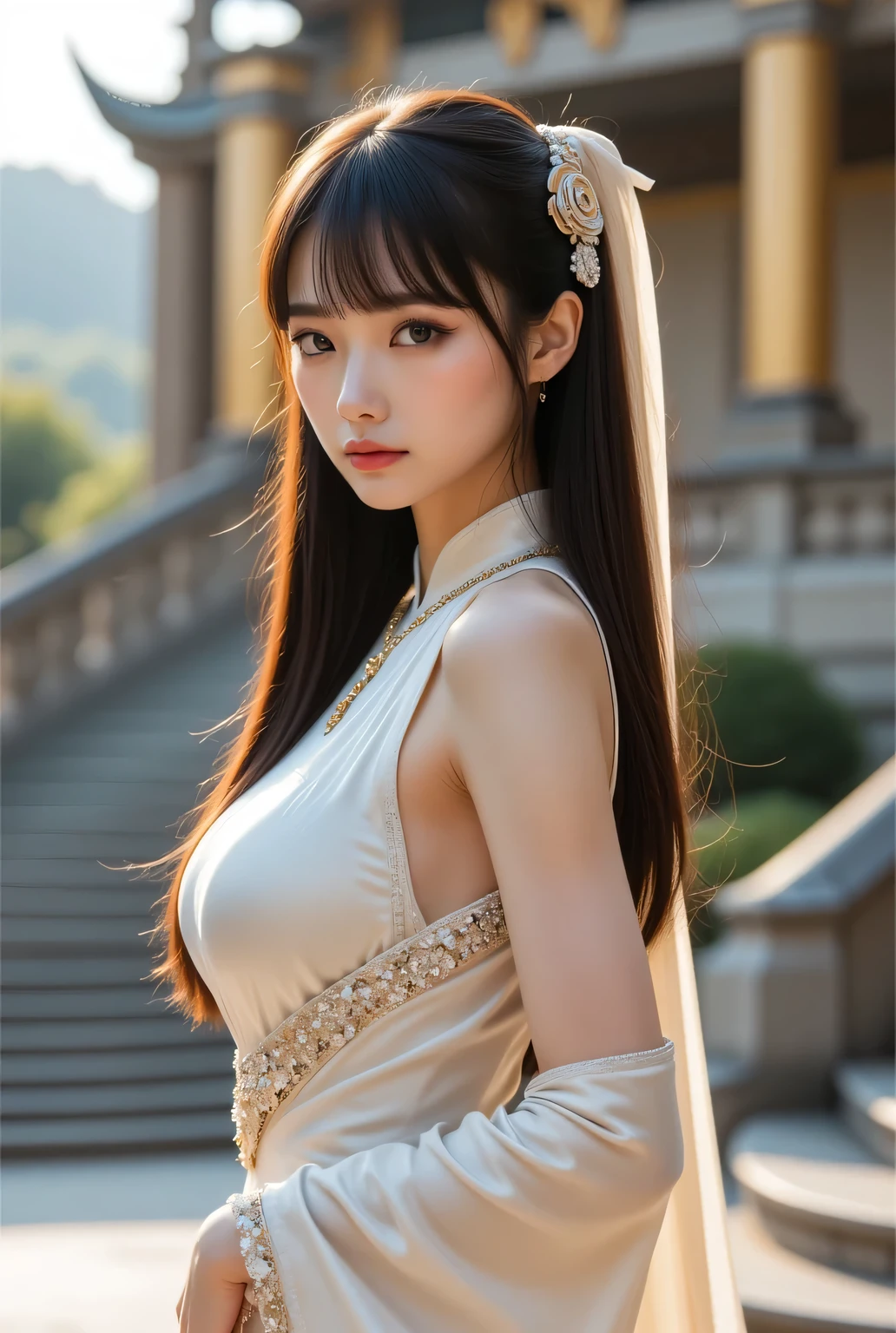 Full body Photography realistic Portriat, Asian Chubby girl large breasts, Wearing traditional Thai dress, front of Sensoji Temple, Japan, Snow covered, There's warm sunshine, (RAW photo:1.2), (photorealistic:1.4), shot by Sony alpha 7 iv, 85mm lens, f/1.4, ISO 100, (masterpiece:1.2), (intricate detailed), (best quality:1.2), (professional photography), (realistic:1.5), (soft light:1.3), (defuse lighting:0.7), (ambient lighting:0.6), (rim lighting,:1.2), fine textures, (depth of field:1.2), (bokeh:1.2), (face focus:1.5), film overlay, film grain,