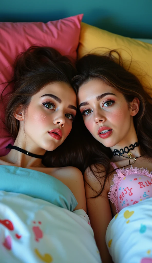 best resolution, 2 heads, swedish woman with two heads, 22 years old, gray eyes, freckles, wearing a t-shirt and shorts, laying prone on a bed, half body shot