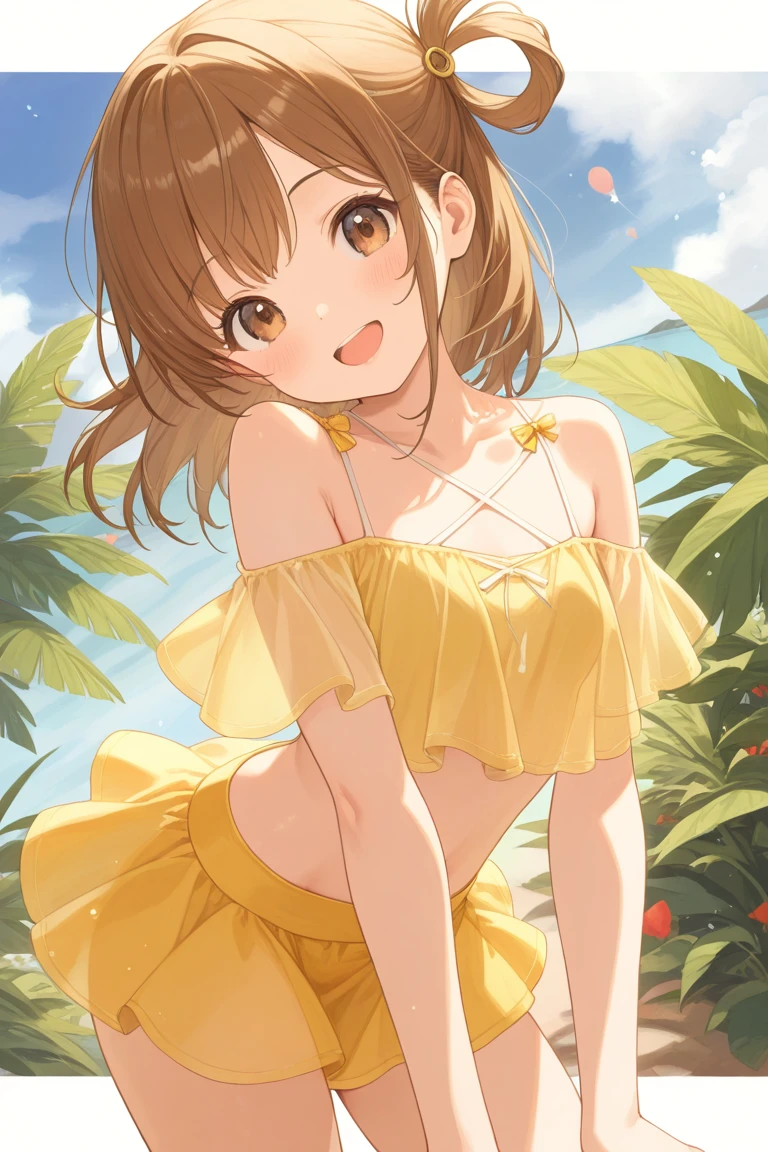 4K，High resolution，Realistic，Brazilのカーニバル，Two cute girls，Small ，Very short，Very thin thighs，Thick eyebrows，Blunt bangs，(Big smile,Hair is floating，Brown Hair，Long Wavy Hair，Rainbow Eyes，Big eyes，Samba Costume，colorful,Cowboy Shot，Dancing the samba energetically，Sweat，BZC Costume，Head ornament)，Rio de Janeiro，(Brazil)，[Browsing Caution:2.0],[Browsing Caution:2.0],(Motion Blur:0.5)，Colorful confetti and streamers，Beautiful fireworks on the background，panties aside, partially visible pussy