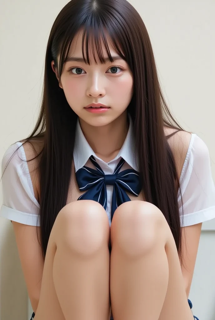 Madoka, moving her center of gravity back, Put your hands forward from both feet, Put both feet in the circle of hands, Quite embarrassing, , Thin legs, Tight Skirt, 90 degree knee, Place your heels on the ground, Hands in front of feet, Hold my feet, Kneel, Sidewalk, RAW Photos, 8K, Highest quality, Ultra-high resolution, Beautiful face details, Real human skin, Gentle expression, Front view, Angle from below, Long Hair, Realistic, Realistic, cute, Short skirt, Lurking deep in the city, cute女子高生, Japanese Uniform, Wearing Japanese clothes , Surreal school girl, whole body, Madoka, (((Exposed genitals))),