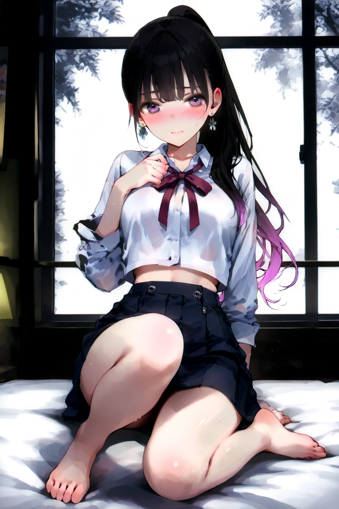 akemi honura、Detailed Description、high resolution、One Girl、Slender、Black Hair、long hair、(blush)、Troubled face、White bra、White 、Leaning forward、Looking up、belly button