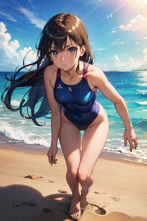 (masutepiece), (Best Quality), hyper detailed illustration,beautiful artwork,(Extreme Detail CG Unity 8K wallpaper、masterpiece、top-quality)、(exquisite lighting and shadow、highly dramatic picture、cinematic lens effects)、Young woman on the beach,swim wears, 1girl in, (School Swimsuit:1.3), Solo, onepiece swimsuit, Outdoors, Long hair, Wet, breasts, Covered navel, Water, Black hair, (Big smile), cloud, Brown eyes, competition swim suit, day, Big smile, Small breasts, Bangs, Sunlight, Blue school swimsuit,(Wet:1.2),(Water splash:1.1),Open mouth,(straggling hair:1.2), Dramatic Horizon,(sunlight shining),(hand between legs),The swimsuit is wet,(Strong sunshine),(Lens Flare),(Tsurime),Head tilt,(Running:1.2),(From Side:1.2),Ride along the sandy beach,Running,