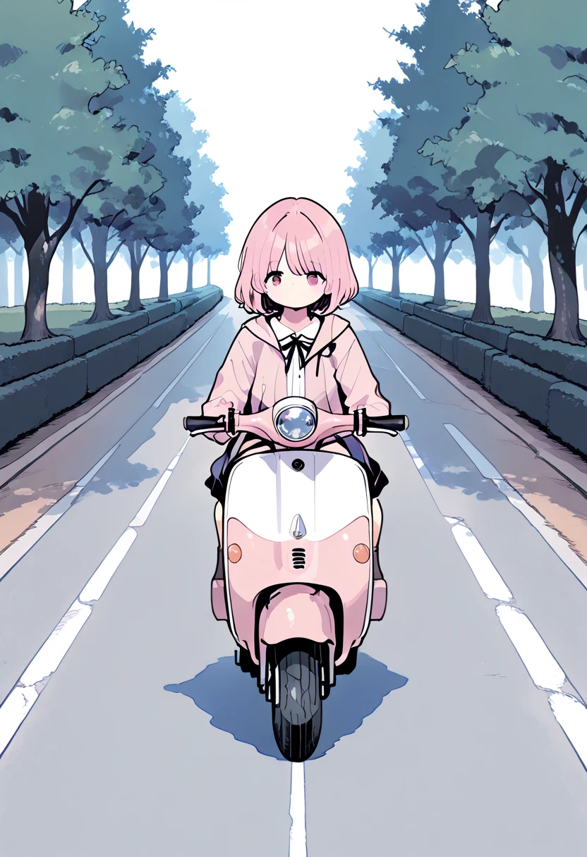 masterpiece，Highest Quality，pretty girl riding a small scooter， tree-lined street , Line Art, Flat Color, 