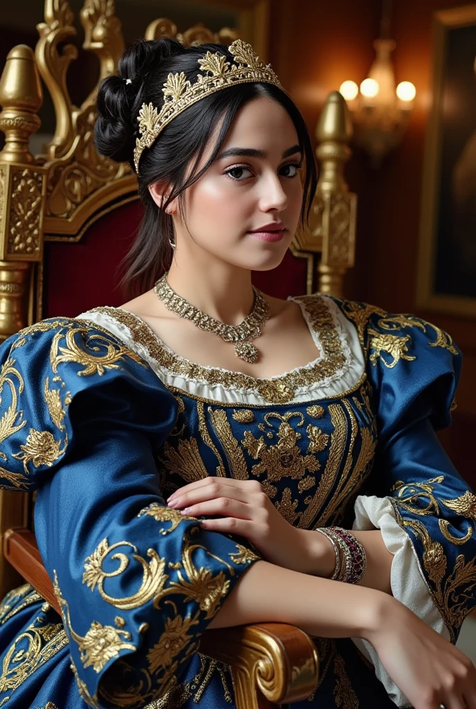 (realistic:1.3), finely detailed, quality, rembrandt lighting, (masterpiece:1.2), (full body shot), (photorealistic:1.2), (best quality), (detailed skin:1.3), (intricate details), dramatic, ray tracing, 1girl, french girl, 21 years old, detailed skin texture, (blush:0.5), (goosebumps:0.5), subsurface scattering, smiling, medium breasts, very deep cleavage , ((deep cleavage)), braided hair ring, hair loops, hair between eyes, hair ornaments, necklace, jewelry, ballgown, wearing a ballgown, purple dress, gold embroidery, ((purple dress with gold embroidery)), puffy sleeves, short sleeves, full body, (bright sunny day),  