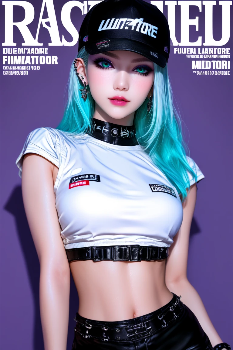 Family 2 sexually female tattoos , blue hair, magazine cover, poster art , adding to the spine-tingling atmosphere, bold huge text, matted design layout. Squeezing belly, all in bikini, Holographic Horizons