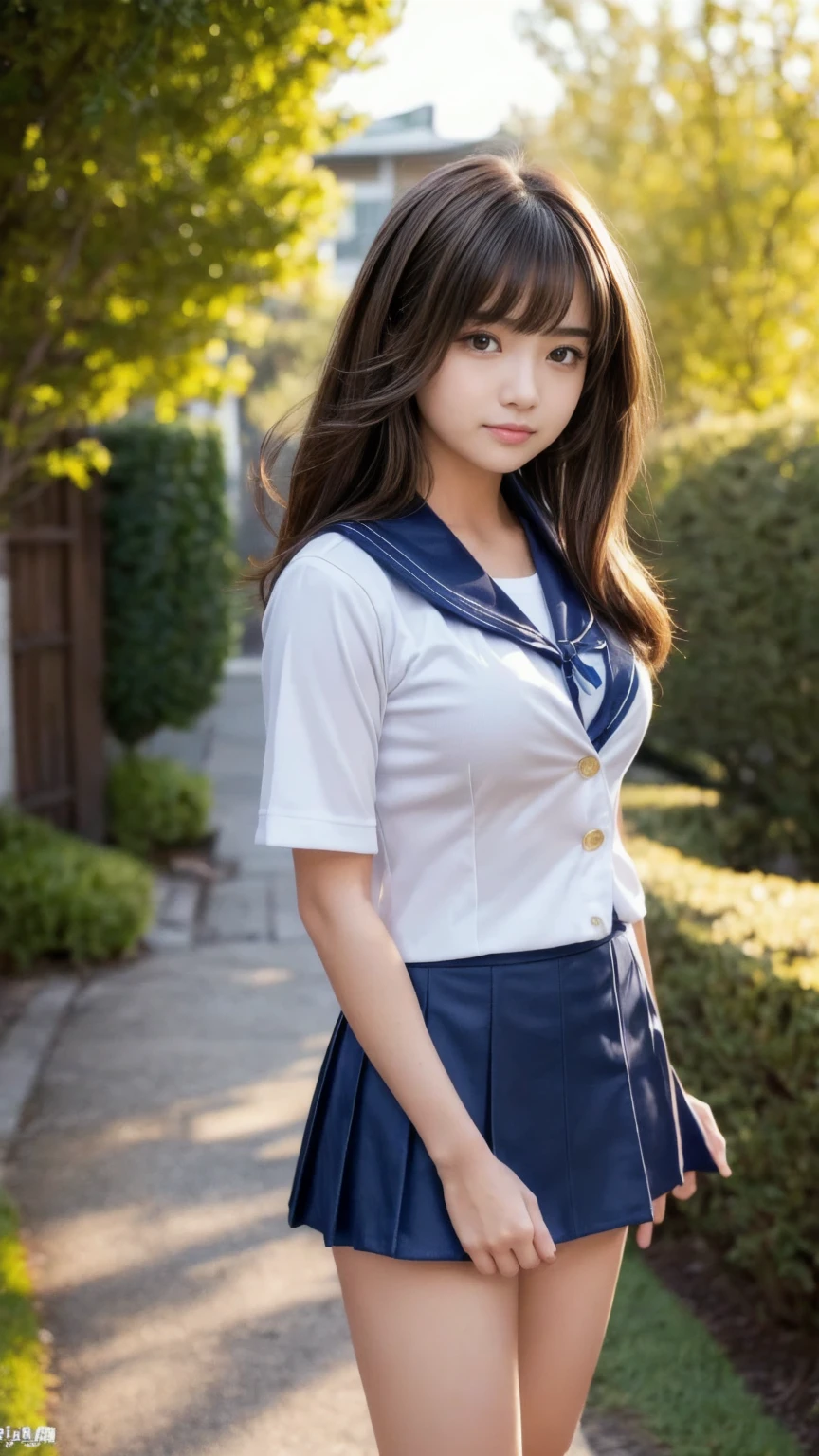 (Masterpiece:1.3), (8k, Photorealistic, RAW Photography, Best Quality: 1.4), (((1girl))), A pretty girl with perfect figure :1.4, Cute girl, Beautiful Face, (Realistic Face), Beautiful Hairstyle, Realistic Eyes, Beautiful Details, (Realistic Skin), Beautiful Skin, Attractive, Ultra High Definition, Ultra Realistic, Very Detailed, (small breasts:1.3), (flat chest), (cleavage:0.8), Japanese, young student, teen, semi-long curly hair, bangs, (Brown hair, small breasts:1.3), ((slim figure:1.2)), Small buttocks, (Japanese school uniform), On a plate of glass 300 meters above the ground, 13yo