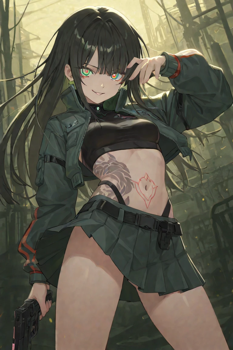 Black hair, green eyes, black skirt, stocking, nsfw, abs, androgynous, flat-chested, medieval, defined muscle