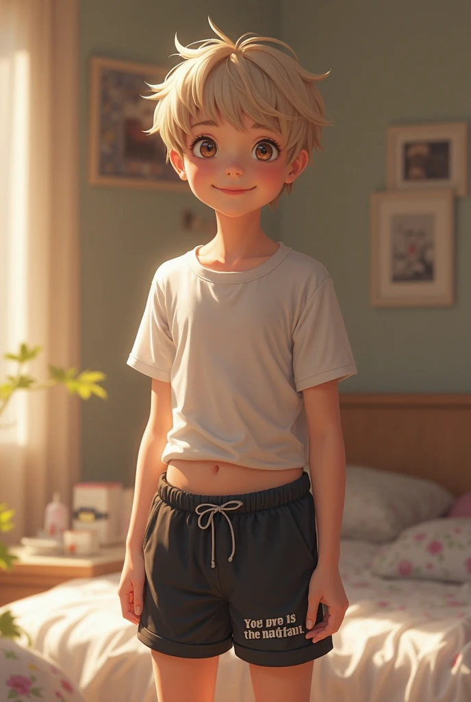 Young boy with short blonde hair and blue eyes, young looking in just panties. Portait photo. 3d cartoon with accurate proportions.