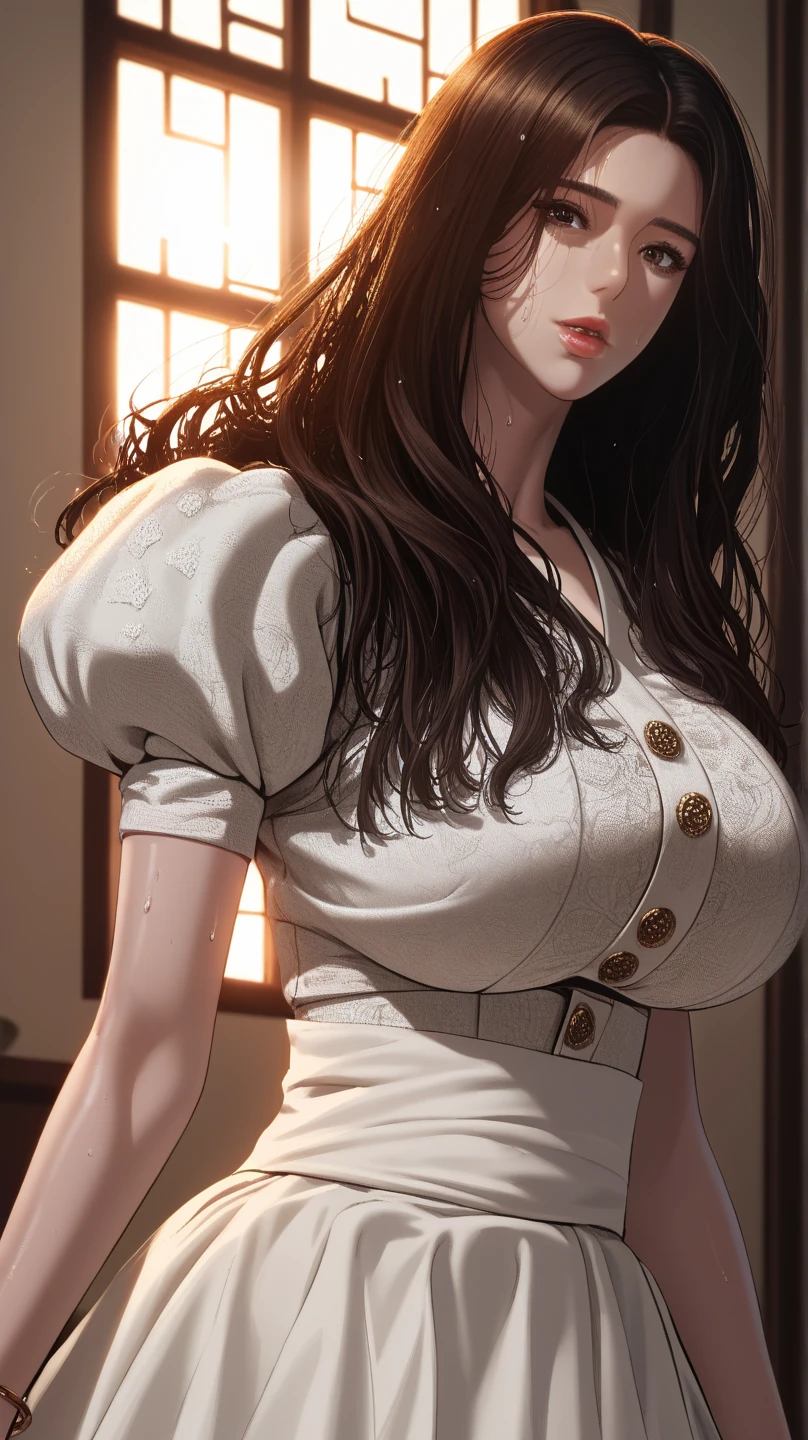A woman with light brown long hair, a delicate face, a blank look in her eyes, a slender and firm dancer's figure, a fantasy-realistic style outfit, she ties a French shirt at her chest, revealing her graceful waistline, she wears tight jeans on her lower body, a flowing skirt is gracefully tied around her waist, she walks leisurely in a fantasy-style town, this character embodies a finely crafted fantasy-realistic style female dancer in anime style, exquisite and mature manga art style, beautiful woman, high definition, best quality, highres, ultra-detailed, ultra-fine painting, extremely delicate, professional, anatomically correct, symmetrical face, extremely detailed eyes and face, high quality eyes, creativity, RAW photo, UHD, 8k, Natural light, cinematic lighting, masterpiece-anatomy-perfect, masterpiece:1.5, detailed face, detailed eyes, detailed hands