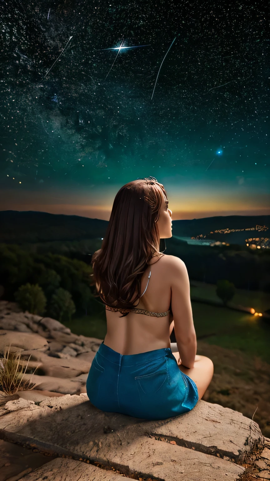 A detailed portrait of a girl outdoors at night, looking at the starry sky with the milky way, rear image, surrounded by a night cityscape with buildings silhouetted against the night sky, long white hair. wearing a slightly revealing dress, sexy legs, curvy body, (best quality, 4k, 8k, high resolution, masterpiece: 1.2), extremely detailed body, stars, landscapes, starry night, night, 1 girl. from behind.