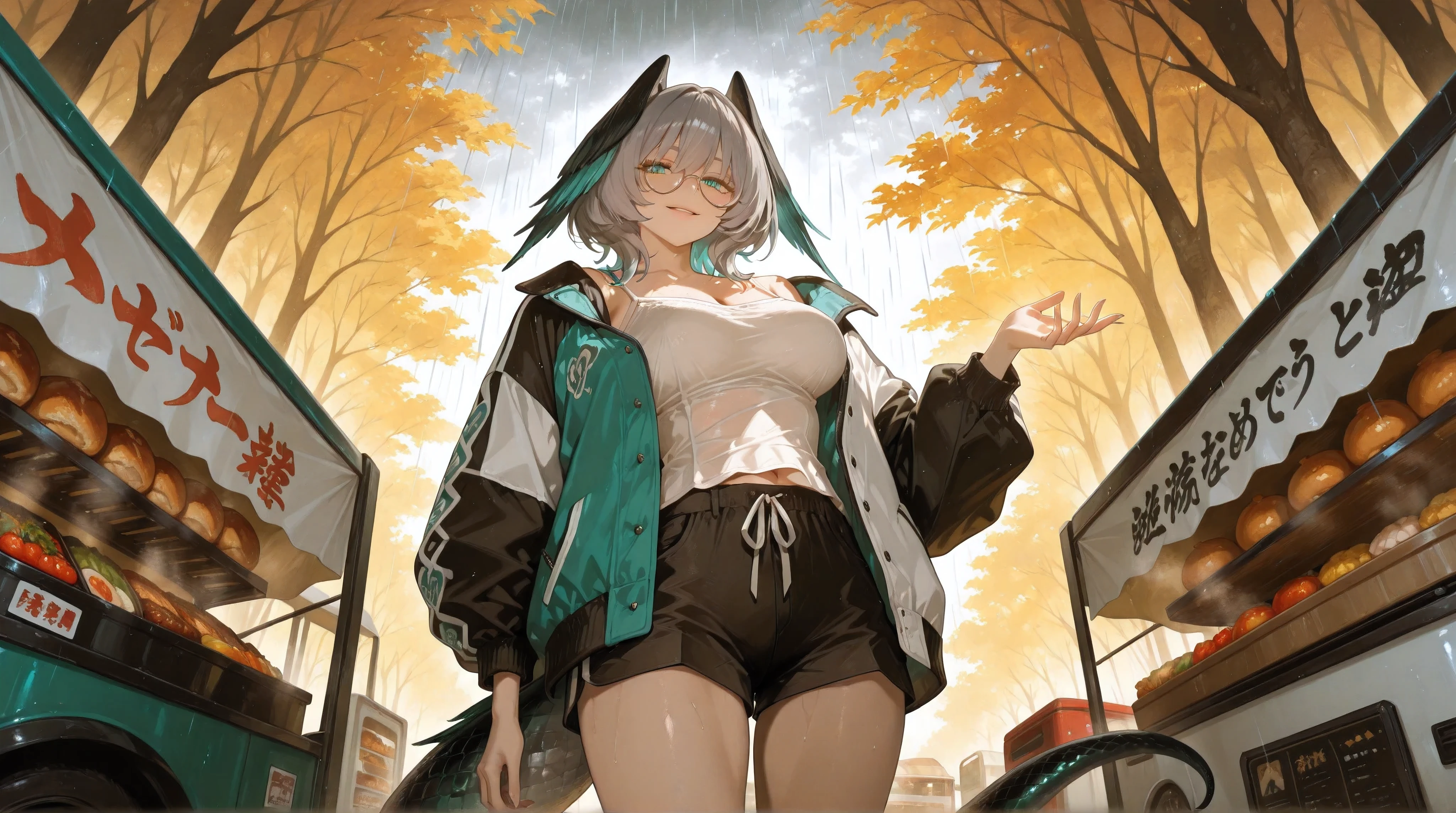 (NSFW:1.1), A Realistic image, extremely sharp focus, crisp details, high resolution, low light, low contrast, fashion photography, 4K, 8K. (correct anatomy and detailed hand). A wide angle shot, front view, low angle, a detailed, high quality rendering of hlykdef. She wears beautiful, detailed round eyeglasses, she wears a camisole, varsity jacket and shorts. She has a beautiful large breasts. She has a beautiful face details, a beautiful detailed aqua eyes, grey hair, short hair, head wings, feathered wings, snake tail, detailed hands, five fingers and a real human skin, her expression is happy and she looks at the viewer. She's standing in front of a food truck. Rain, autumn, dramatic cold soft light casting soft natural shadows, cold and warm color pallete. the background has highest detail, detailed background and depth of field.