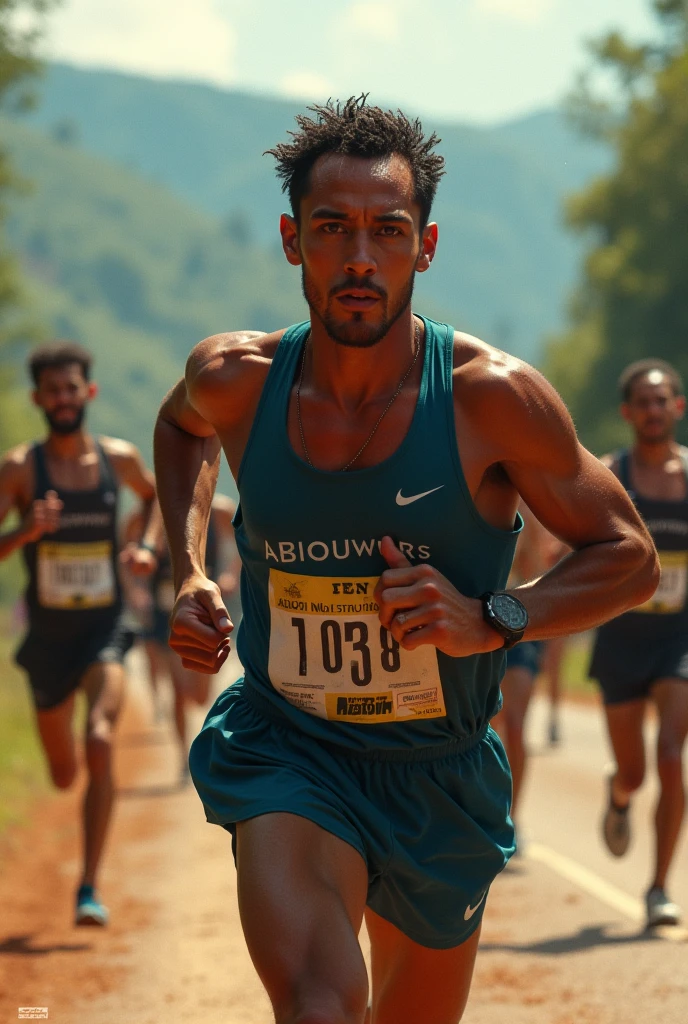 Generate an image of a man in his 30s achieving a personal goal, How to cross the finish line of a marathon with open arms, Este homem tem pele clara, cabelo liso e castanho, usa um topete e tem uma barba preenchida, mas curta(tipo barbaa fazer), He wears a pair of glasses with rounded frames, The image should be like a poster for a Pixar movie. Take into account the photo uploaded to the website.