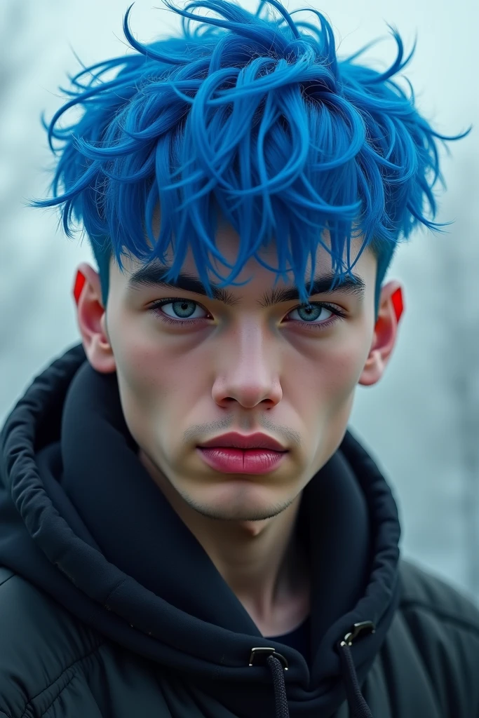 Young man, 20s, blue hair, two-block haircut, shirtless, wearing a black fur coat, reality photo, reality skin, detailed skin, bright light eyes, Biomechanical, mysterious, Scary, nightmarish, Colors very bright, New Yourk city snowing, heavy snowfall
